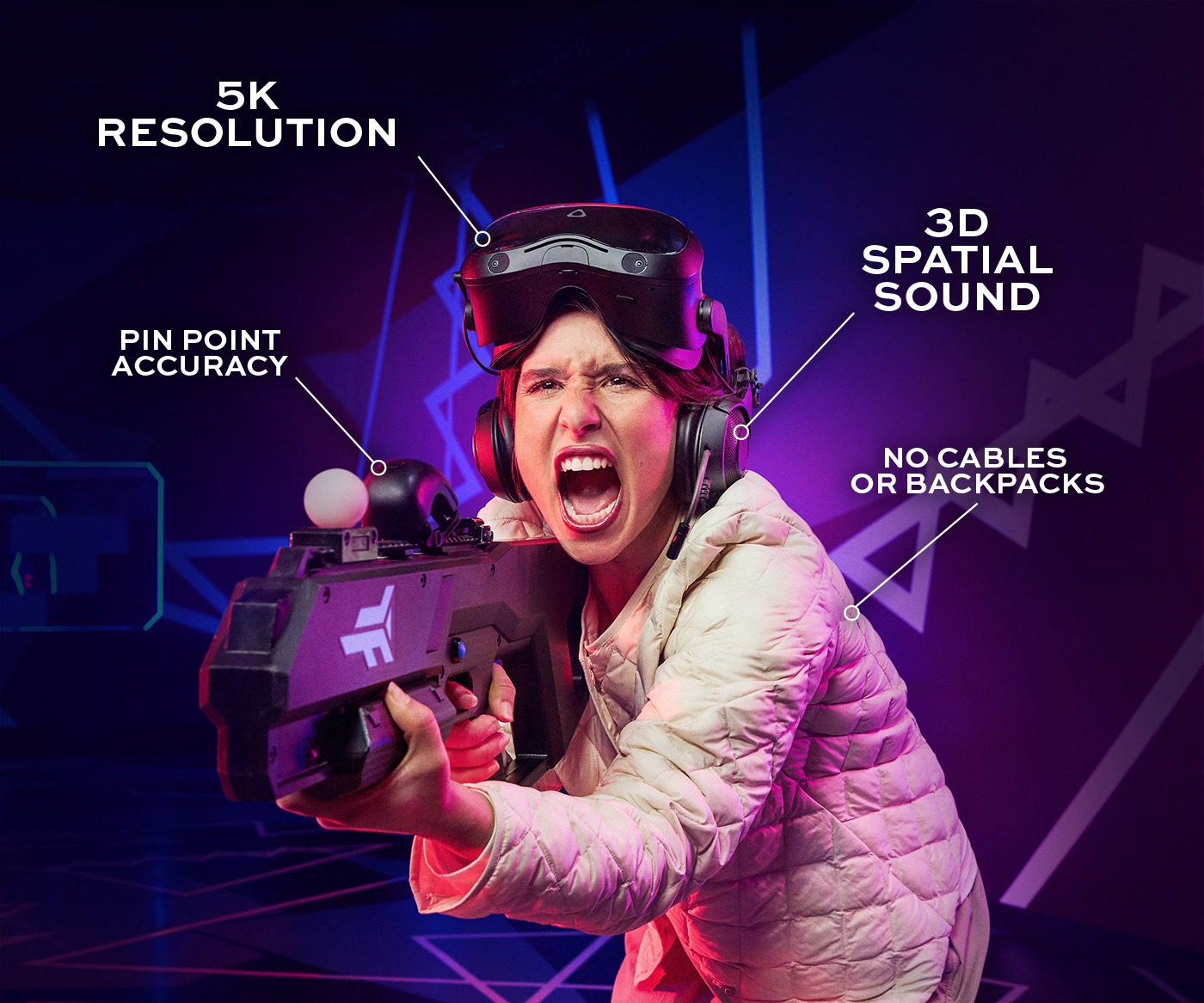 Zero Latency VR Gen 3 gear features including 5K resolution, pinpoint accuracy, 3D spatial sound, and no cables or backpacks