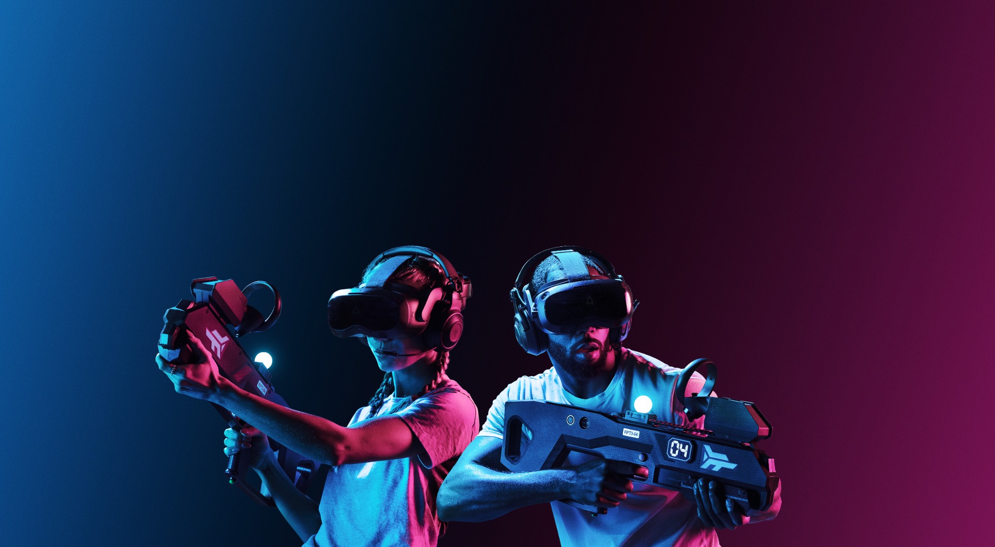 Two Zero Latency VR players exploring a free-roam arena with headsets and controllers